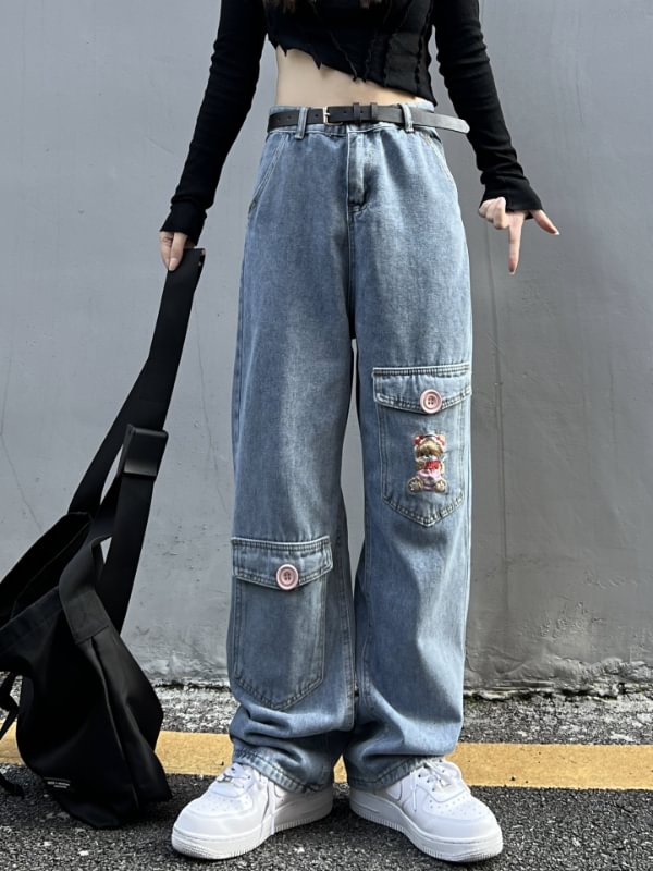 Casual Vintage Embroidered Pockets Decorated Straight Pants