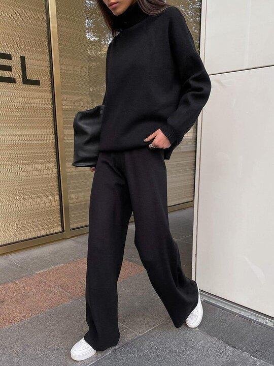 Pure Color Loose Long Round Neck Casual Two-Piece Suit
