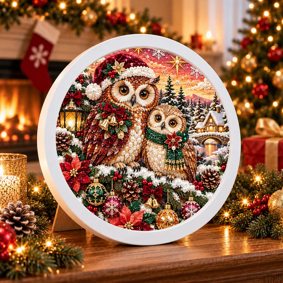 Framed Diamond Painting Christmas Owl Snowman 7.87x7.87in