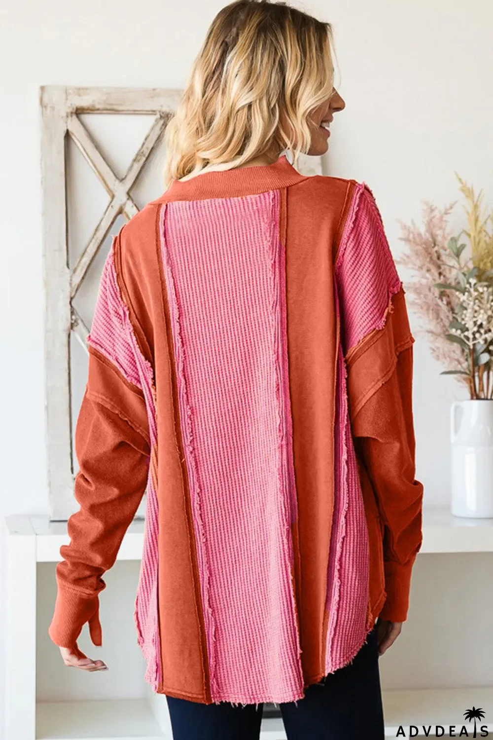 Red Waffle Knit Ripped Exposed Seam Patchwork Top with Thumbhole