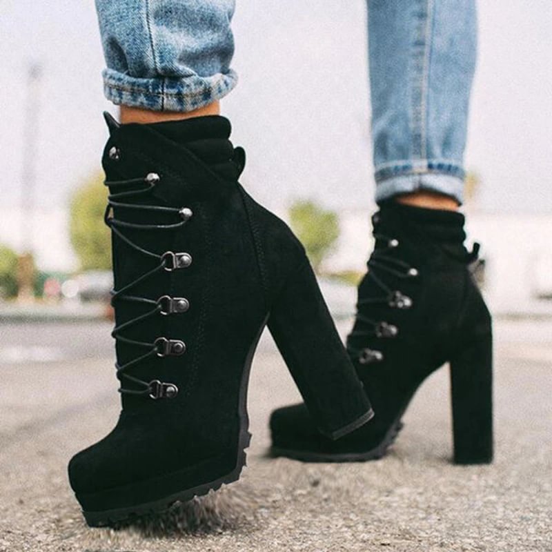 Qengg New Women's Martin Boots Fashion Lace-up Rivets Chunky High Heels Solid Casual Platform Comfort Ankle Boots Bota De Inverno