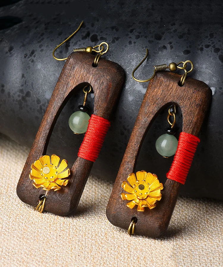 Retro Dark Brown Copper Floral Jade Rectangular Wooden Block Drop Earrings