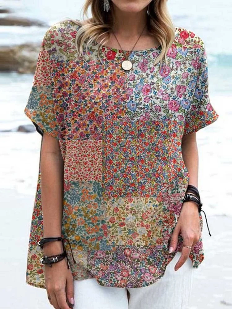 Vintage Flower Print Round Neck Linen Blend T-Shirt