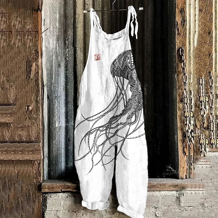 Vintage Jellyfish Art Print Linen Loose Casual Jumpsuit