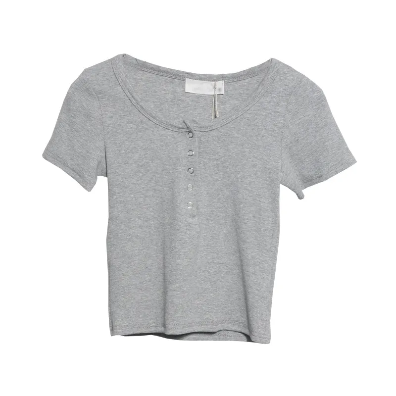 Uveng Explosion Recommended Spice Girls Shoulder Short Sleeve T-Shirt Girl Summer Body Tight Short Buckle Buckle Coat 6657