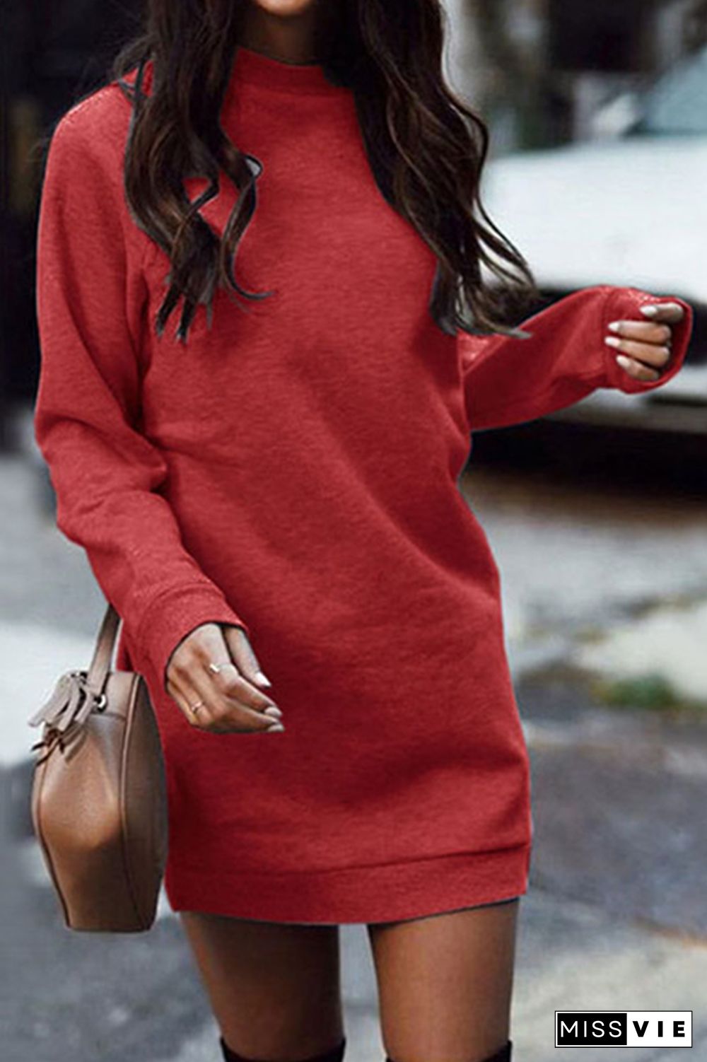 Casual Solid Split Joint Basic O Neck Dresses(4 Colors)