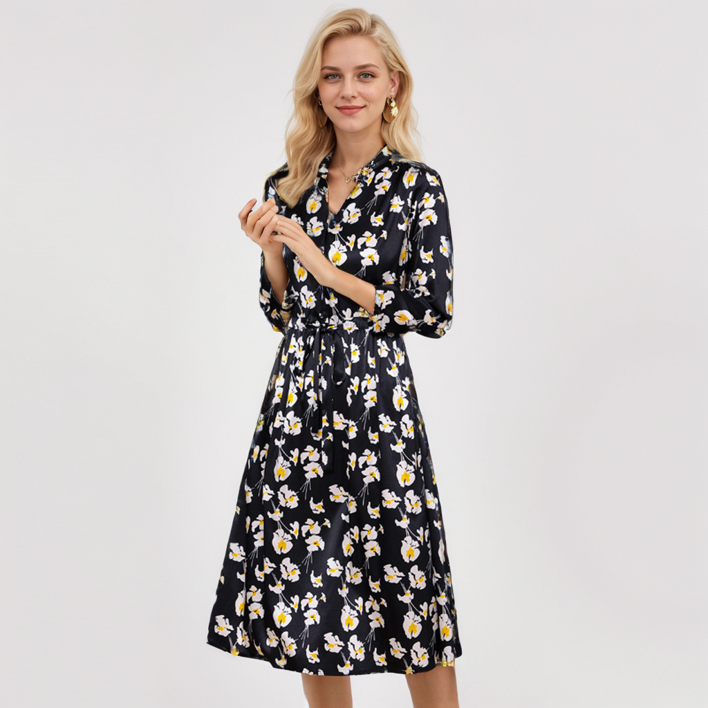Black Silk Shirt Dress Tie Waist For Office Lady REAL SILK LIFE