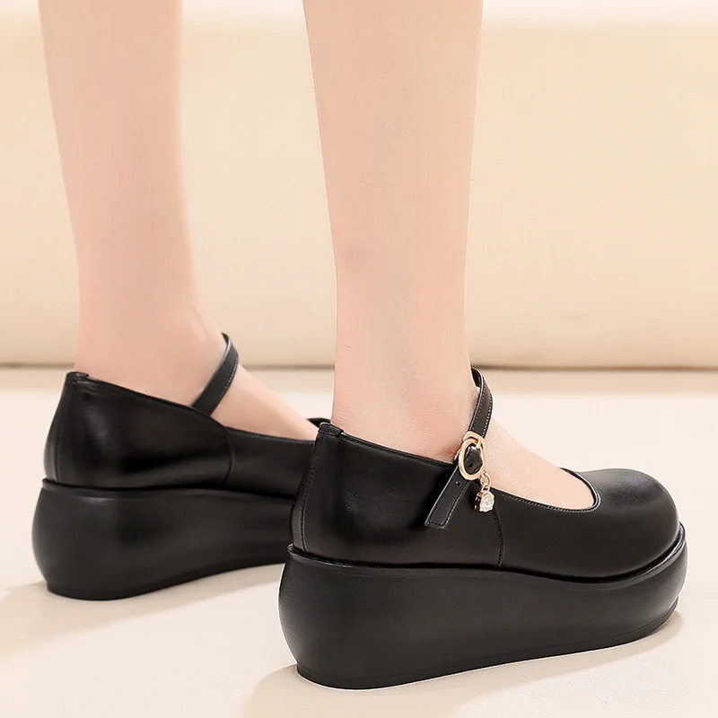 Breakj Breakj Skin Round Head Heel Slope And Shallow Mouth Single Shoes Waterproof Table Casual Leather Shoes Buckle With Loose Cake Thick-Soled Shoes Women Autumn