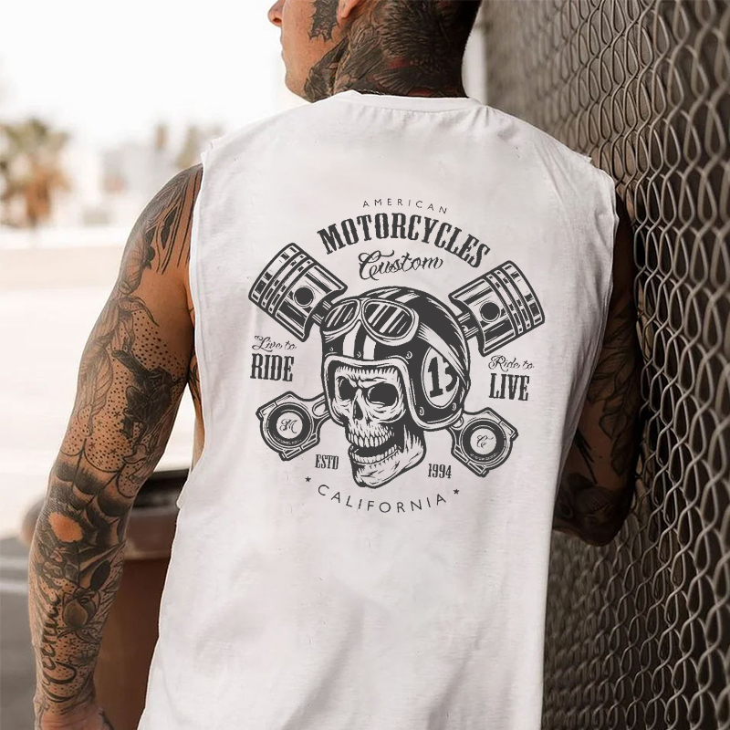 MOTORCYCLES Skull with Motor Handles White Print Vest