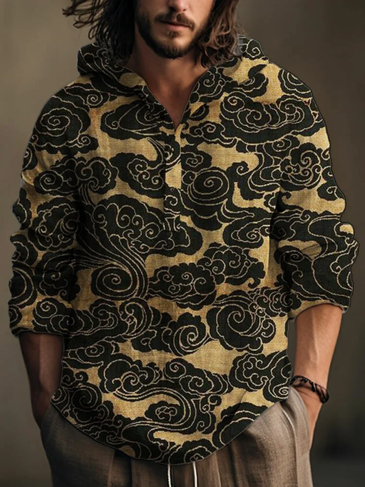 Clouds Japanese Lino Pattern Linen Blend Hooded Shirt