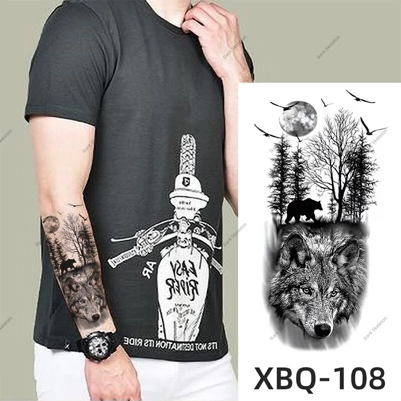 Sdrawing Black Forest Tattoo Sticker For Men Women Children Tiger Wolf Death Temporary Tattoo Fake Henna Skeleton King Animal Tatoo