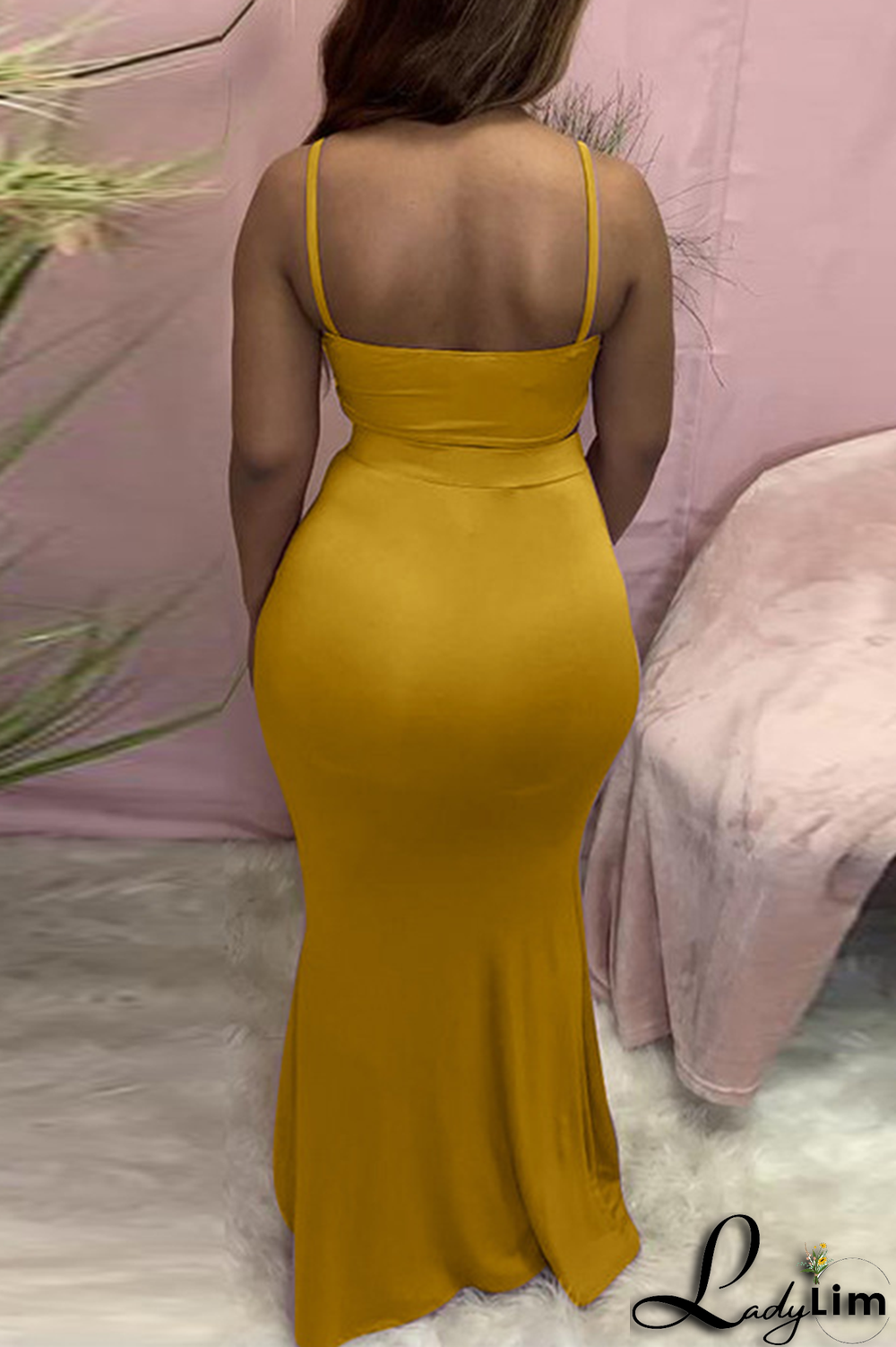 Tangerine Red Sexy Solid Split Joint Spaghetti Strap Sleeveless Two Pieces