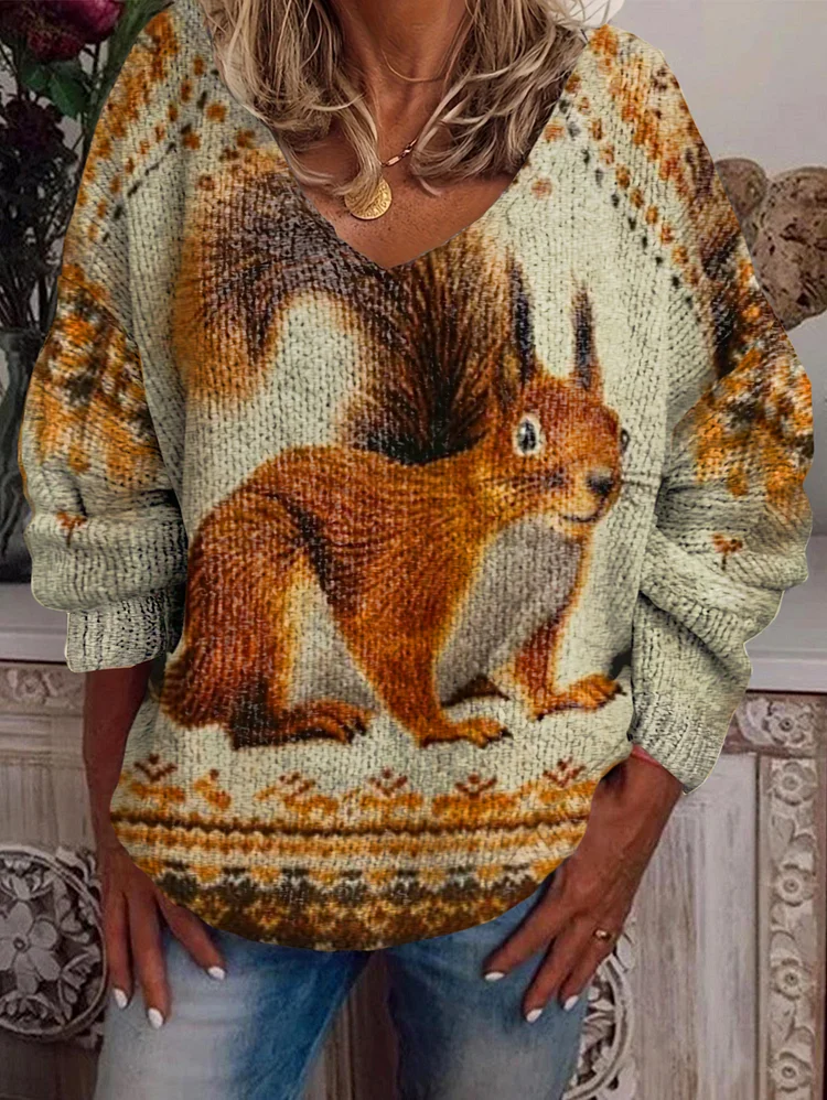 Vintage Squirrel Art Print V-Neck Long Sleeve Sweater