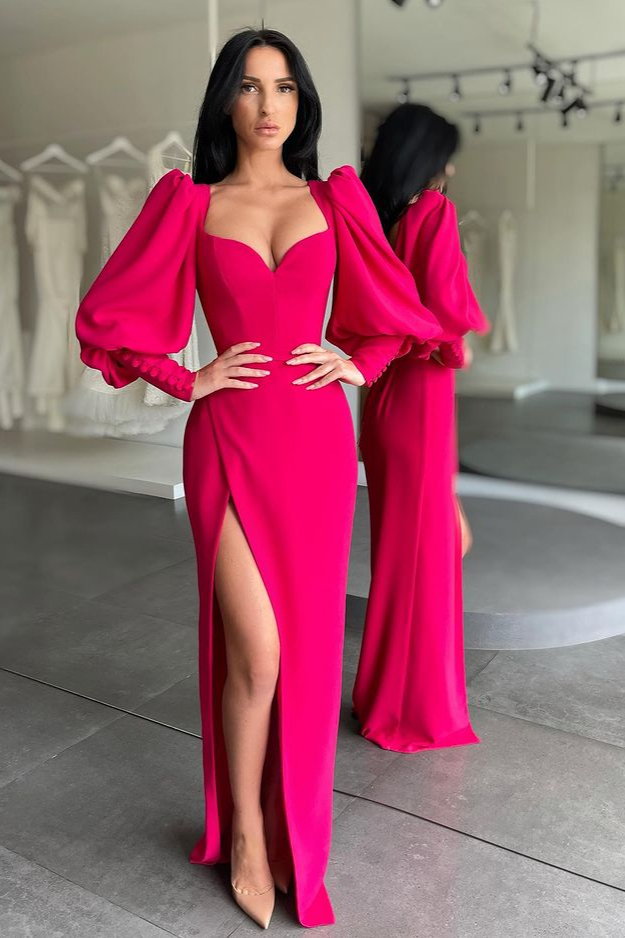 Luluslly Fuchsia Long Sleeve Sweetheart Prom Dress Split Party Gowns