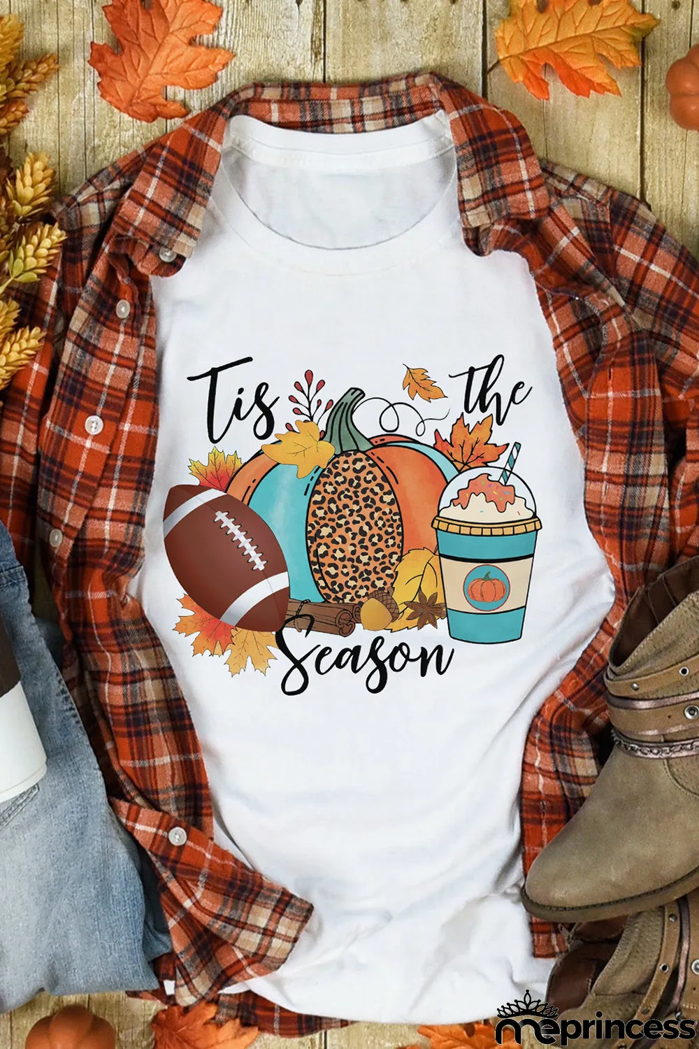 White Tis The Season Pumpkin Graphic Print Crew Neck T Shirt