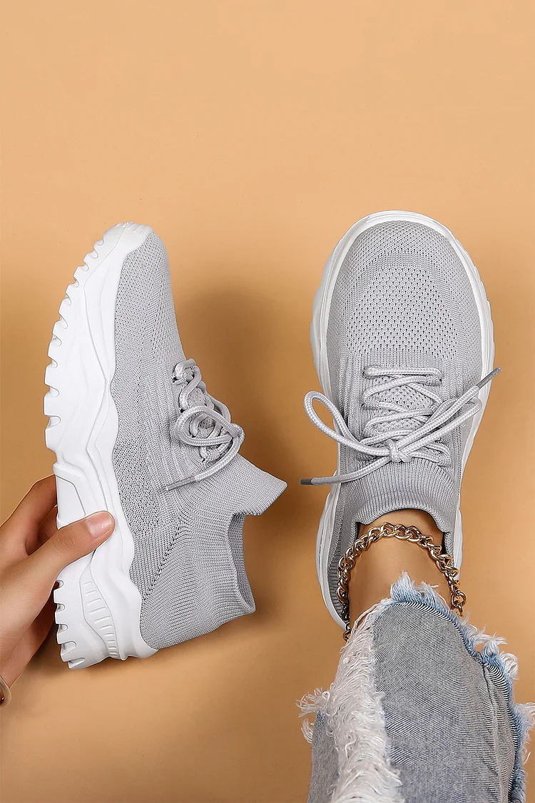Round Toe Breathable Knitted Lace Up Casual Sneakers