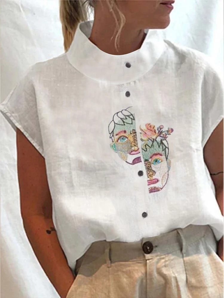 Ursime Figure Print Stand Collar Button Shirt