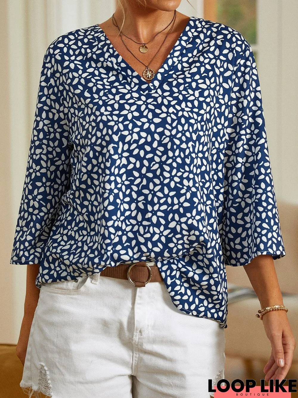 Casual Floral Three Quarter V Neck Printed Top