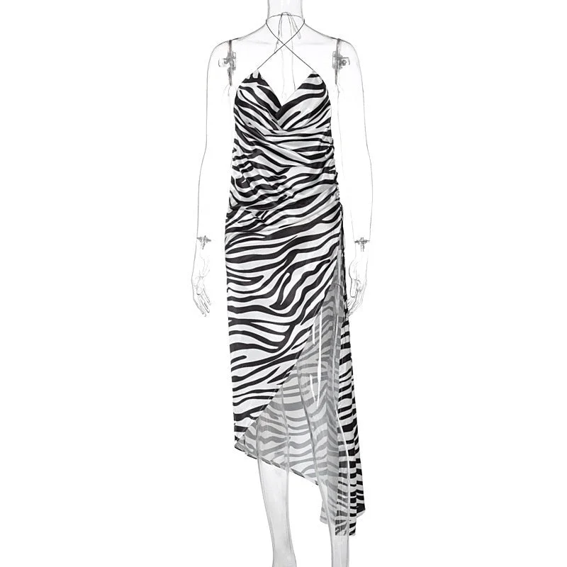 Articat Zebra Printed Sexy High Split Backless Midi Dress Women 2021 Summer Halter Ruched Ladies Vestidos Club Partywear Hot