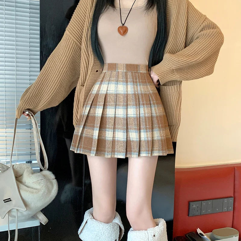 Aiertu Preppy Style Winter Plaid Vintage Pleated Mini Wool Skirt For Women High Waist Thicken Casual School Cute Short Skirt Female Aiertu