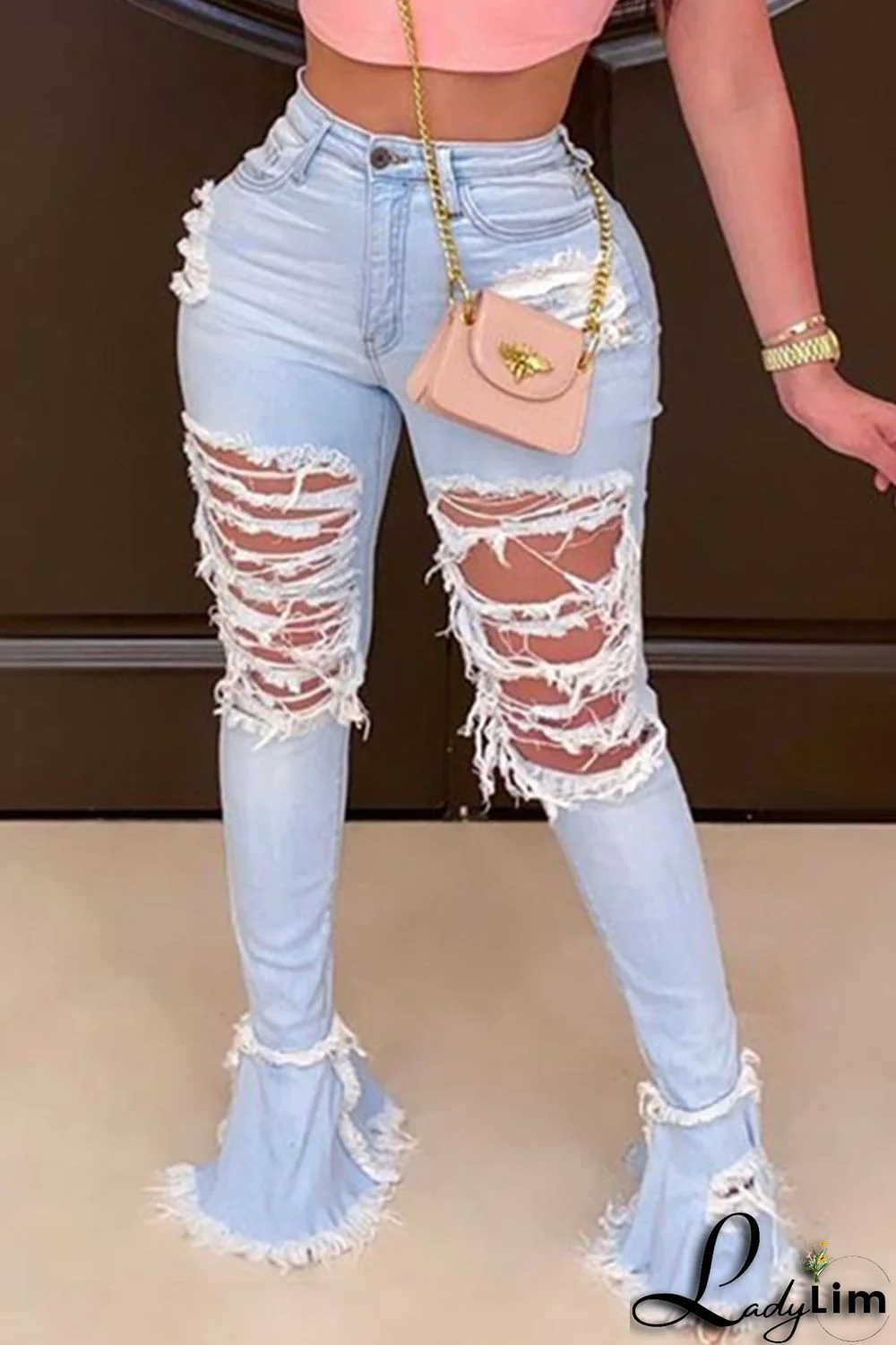 Light Blue Fashion Casual Solid Ripped High Waist Boot Cut Denim Jeans