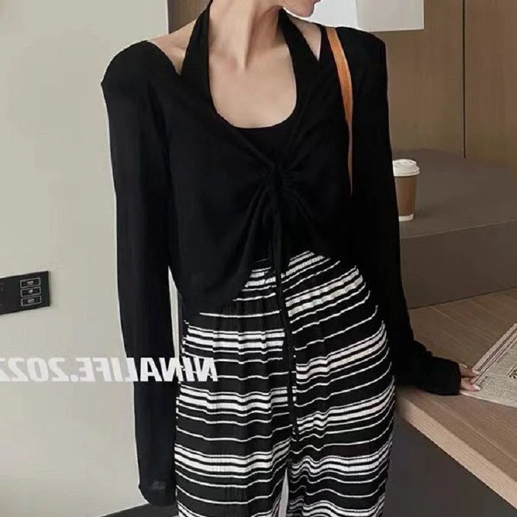 Peneran Women Lace Up Knitted Sweaters Summer Lady V Neck Long Sleeve Solid Cropped Shirring Knitwear Cardigan Tops NFFS-123368