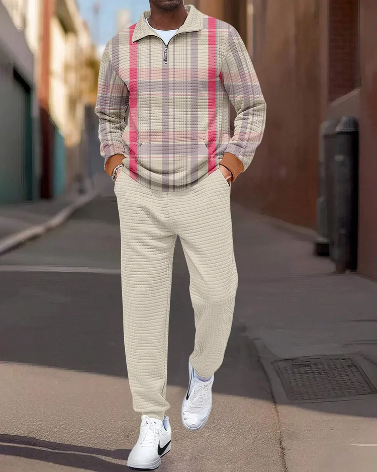Men's Quarter Zipper Plaid Jacquard Jogging Set  002