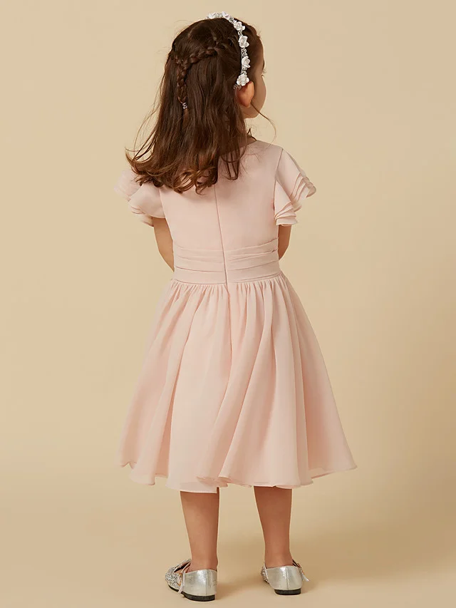 Daisda Short Sleeve Scoop A-Line Tea Length Flower Girl Dress With Sash 
