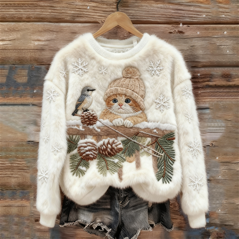Lovely Cat & Bird Christmas Season Embroidered Cozy Plush Sweatshirt elevenforest