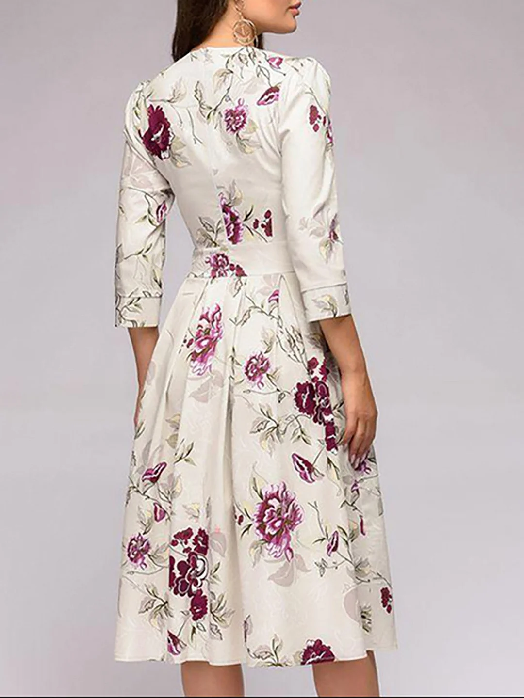 Beige A-Line Paneled Floral Party Midi Dress