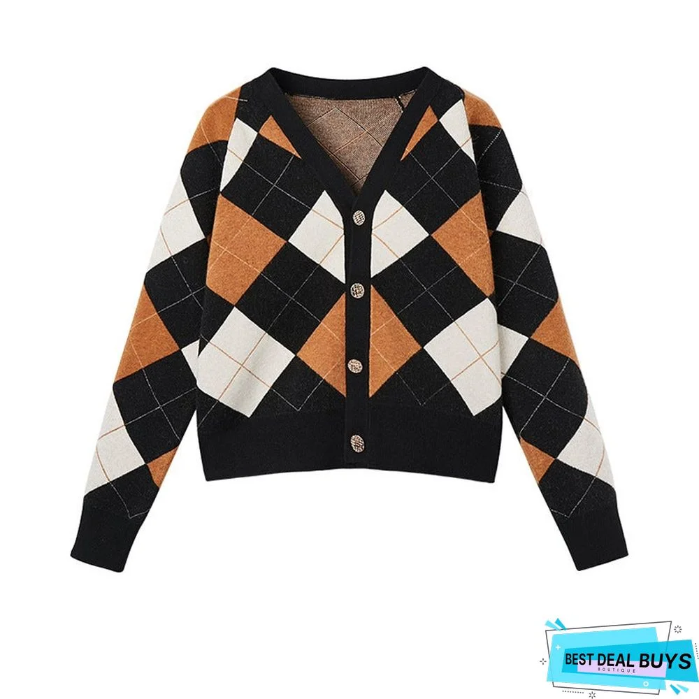 Retro Rhombic Sweater Cardigan