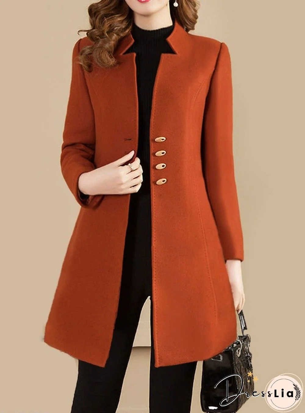 Collarless Autumn And Winter Mid Length Coat
