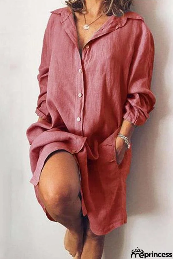 Loose Double Pocket Long Sleeve Solid Color Ladies Long Shirt