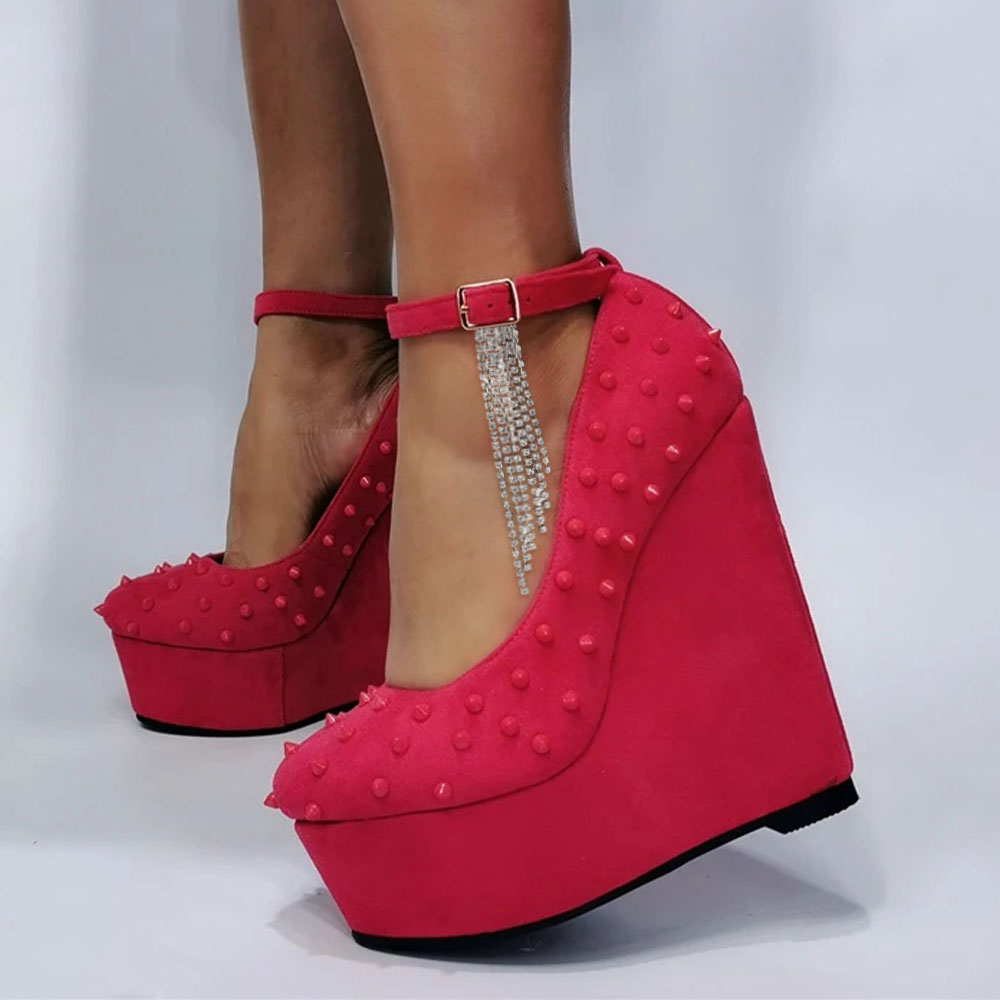 Trendy Red Vegan Suede Ankle Strap Platform Wedge Pumps with Rivets Nicepairs