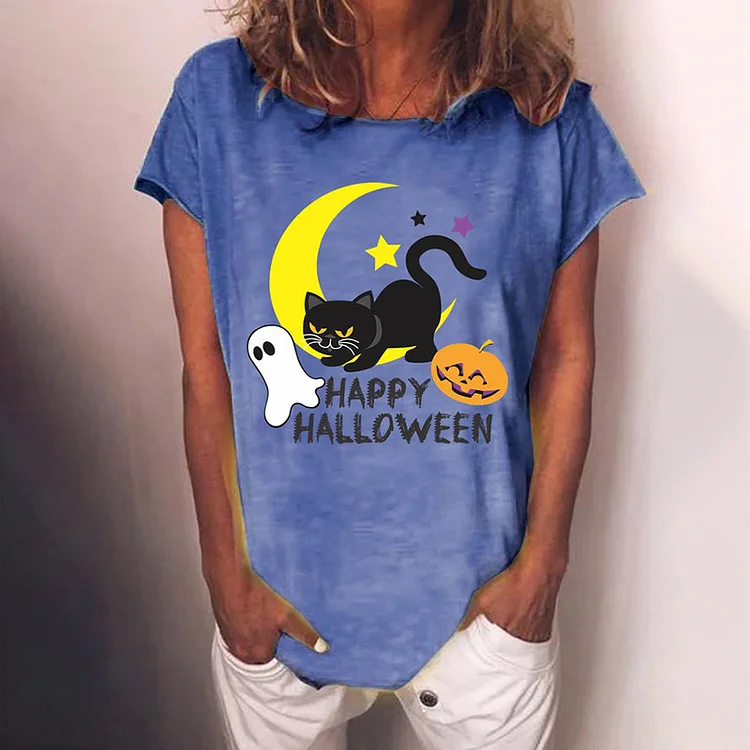 Halloween Cat Print Casual Crewneck T-Shirt