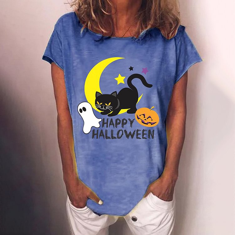 Vefave Halloween Cat Print Casual Crewneck T-Shirt