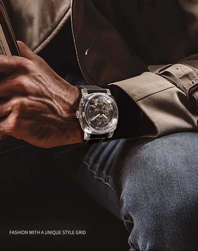 AIERSHI 44865 fashion black men mechanical watch creative Genuine Leather Strap water resist auto date character business watch