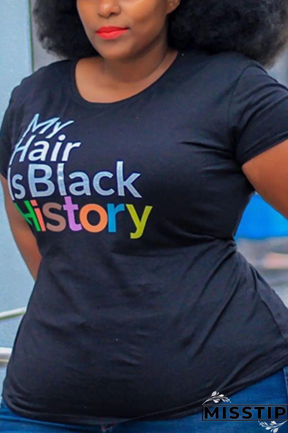 Letter Fashion Casual Printed Black Plus Size T-shirt