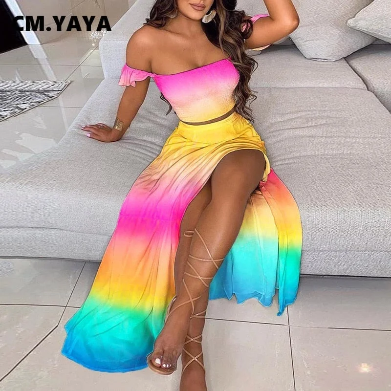 CM.YAYA Women Boho Elegant High Side Split Maxi Long Skirts Suit with Strapless Crop Tops Matching Two 2 Piece Set Outfits 2022