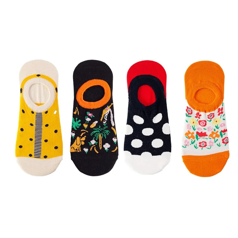 4 Pairs Fashion Summer Women Cotton Socks Cute Pack Female Sport Short Kawaii Funny Print Casual Cute School Girls Street Socks