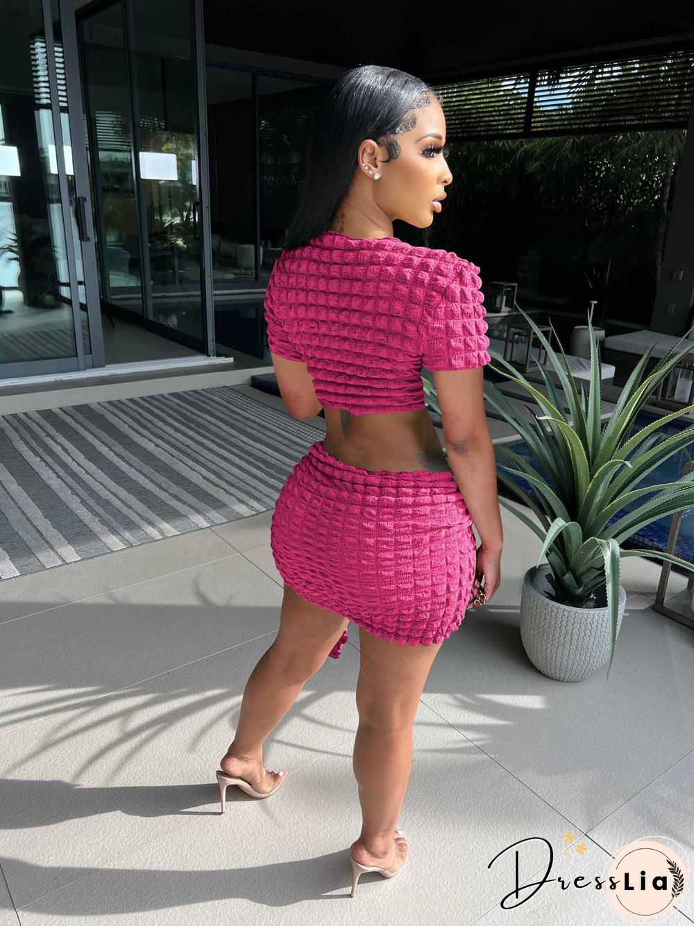 Short Sleeve Crop Tops Lace Up Skirts Two Piece Set