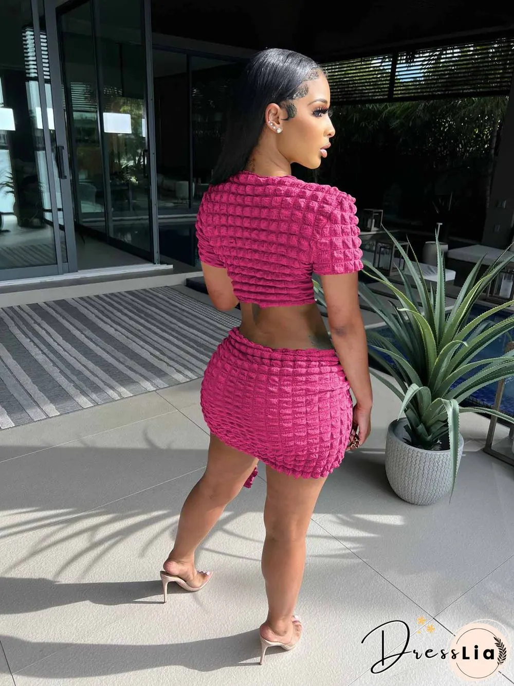 Short Sleeve Crop Tops Lace Up Skirts Two Piece Set