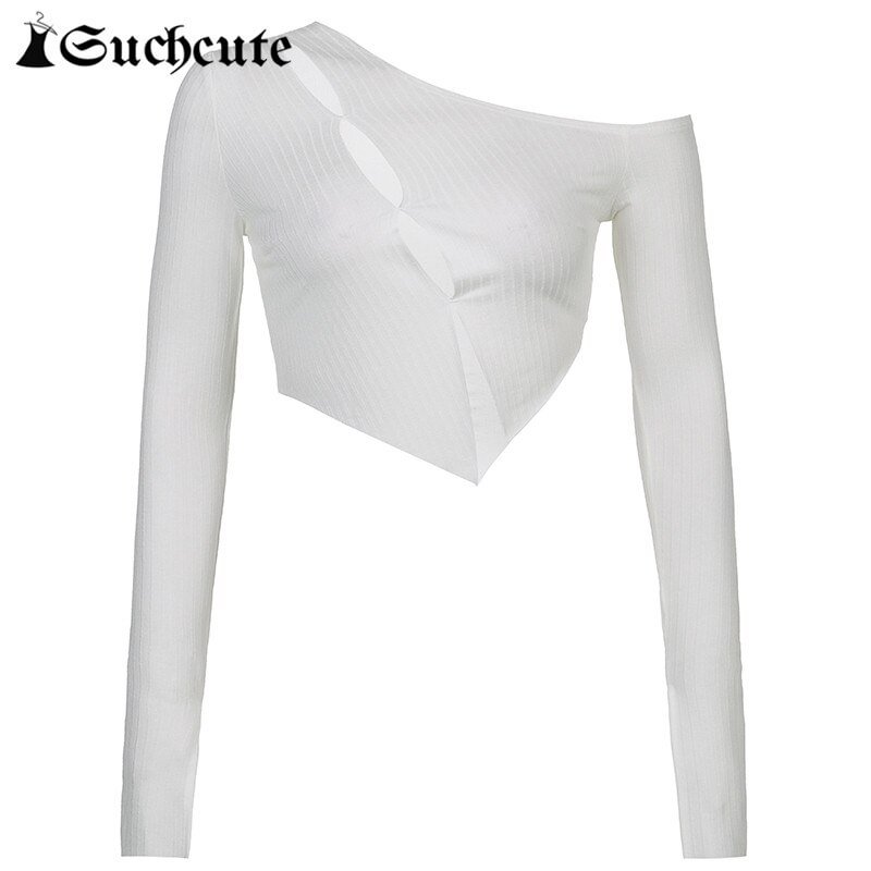 Zingj SUCHCUTE Hollow Out Aesthetic Women T Shirts Harajuku Casual Streetwear Outfits Long Sleeve Slim Sexy Cropped Tops Solid Clothes