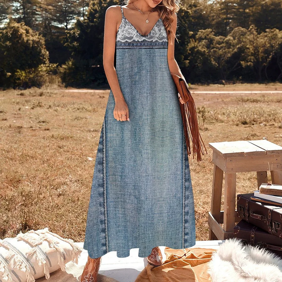 Vintage Retro Faux Blue Jeans Denim White Lace Women's Casual Strappy V Neck Sleeveless Flowy Loose Long Maxi Beach Dress Sundress White & Blue-S Vintage Retro Faux Blue Jeans Denim White Lace Women's Casual Strappy V Neck Sleeveless Flowy Loose Long Maxi Beach Dress Sundress White & Blue-S
