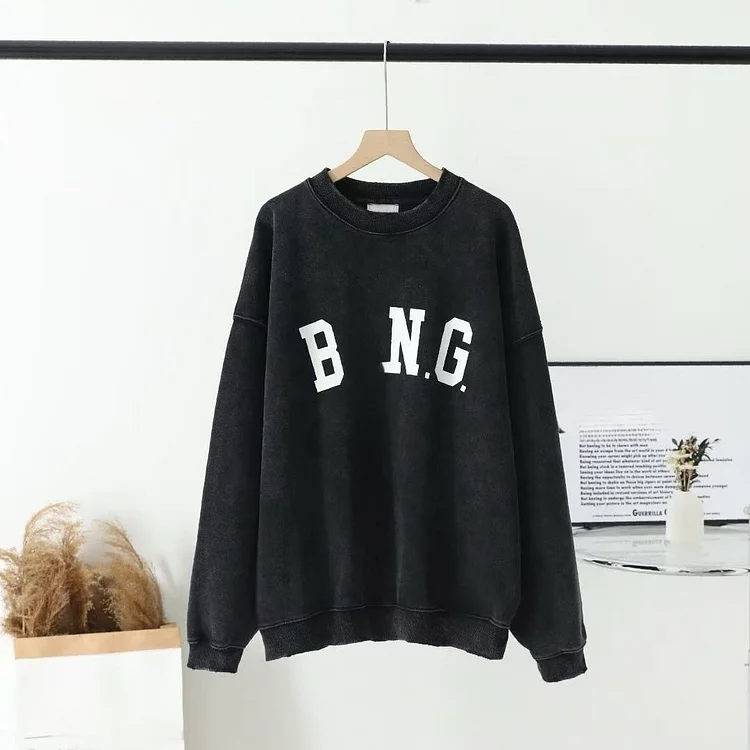 Loose Women's Crew Neck Sweatshirt Spring Autumn Letter Design American Retro Style Fashionable Top