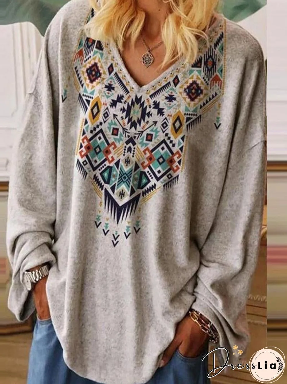 V Neck Printed Loose Shirt