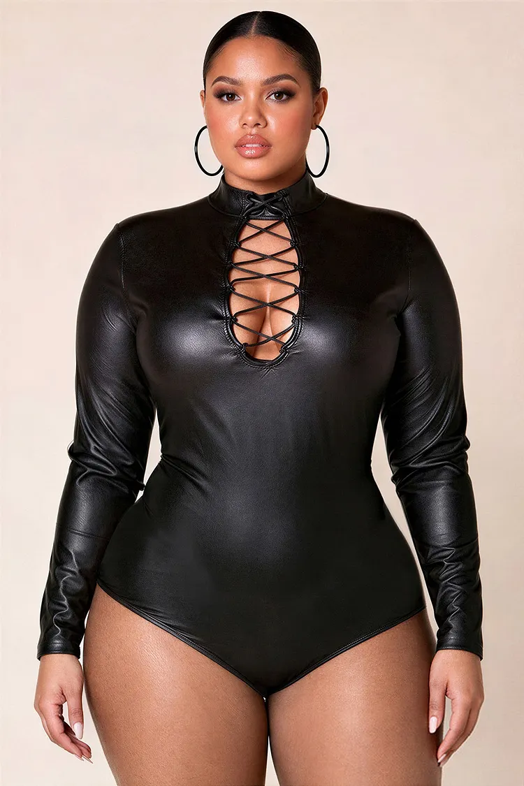 Xpluswear Design Plus Size Daily Black Stand-Up Collar Long Sleeve Lace Up PU Leather Bodysuits [Pre-Order] 2024 - Xpluswear
