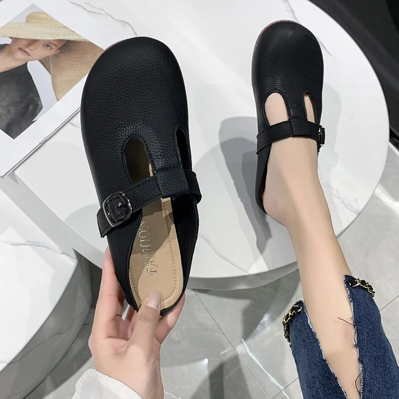 Qengg Solid Color Baotou Semi-trailer Women Soft-soled Lazy Outside Wear Slip-on Slippers Without Heel Fashion Women's Shoes