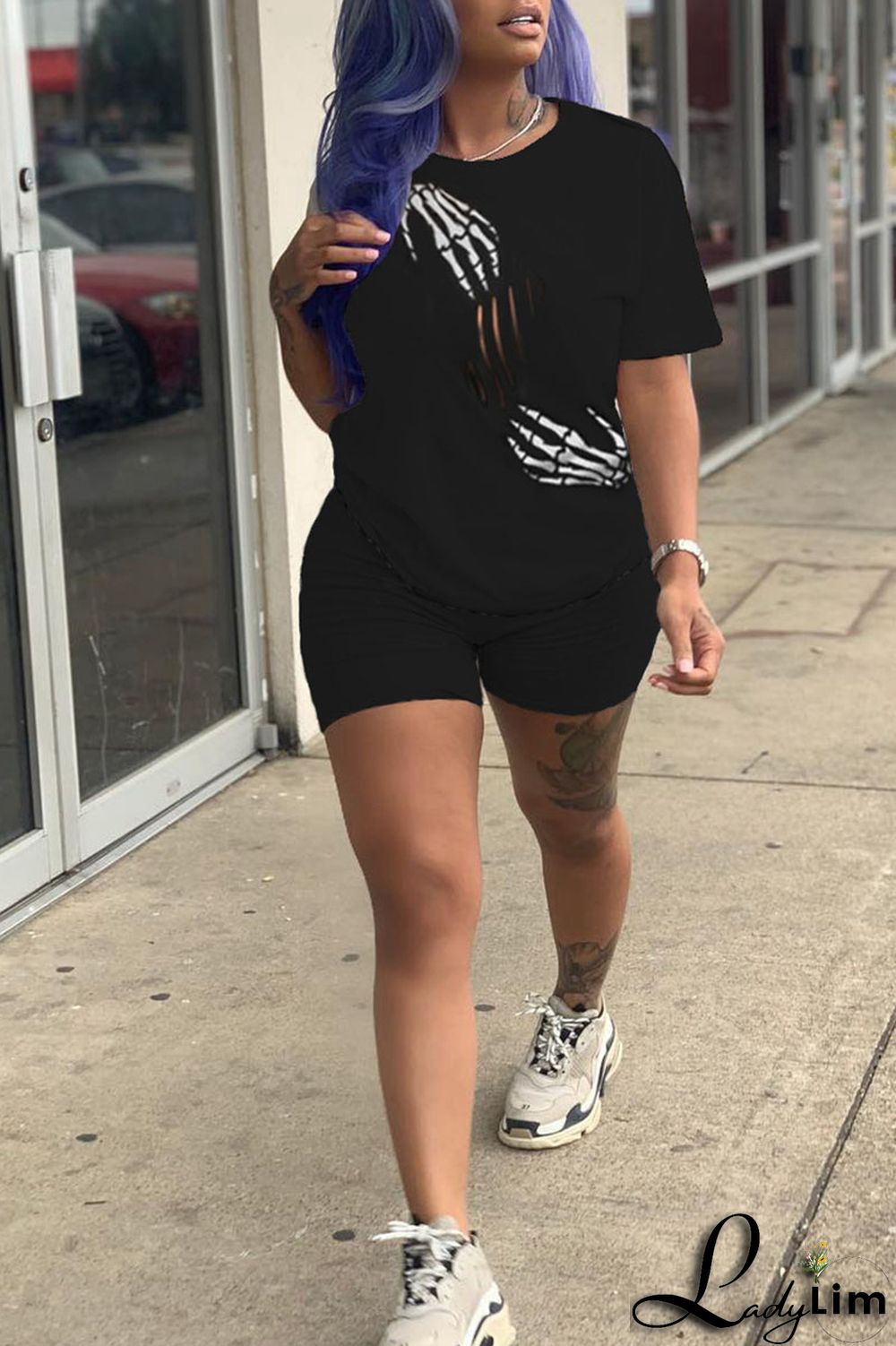 Black Casual Print Patchwork O Neck Short Sleeve Two Pieces