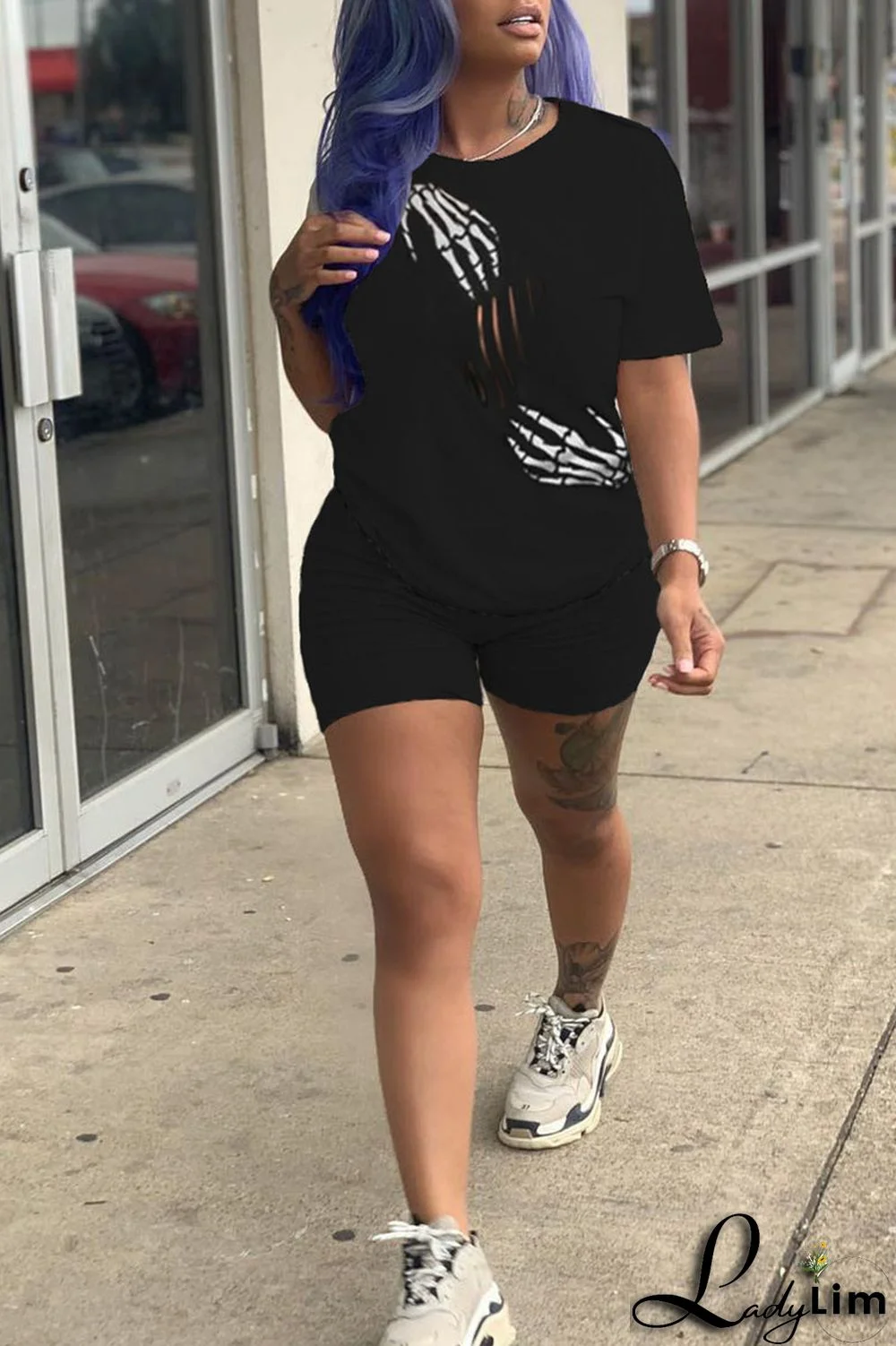 Black Casual Print Patchwork O Neck Short Sleeve Two Pieces